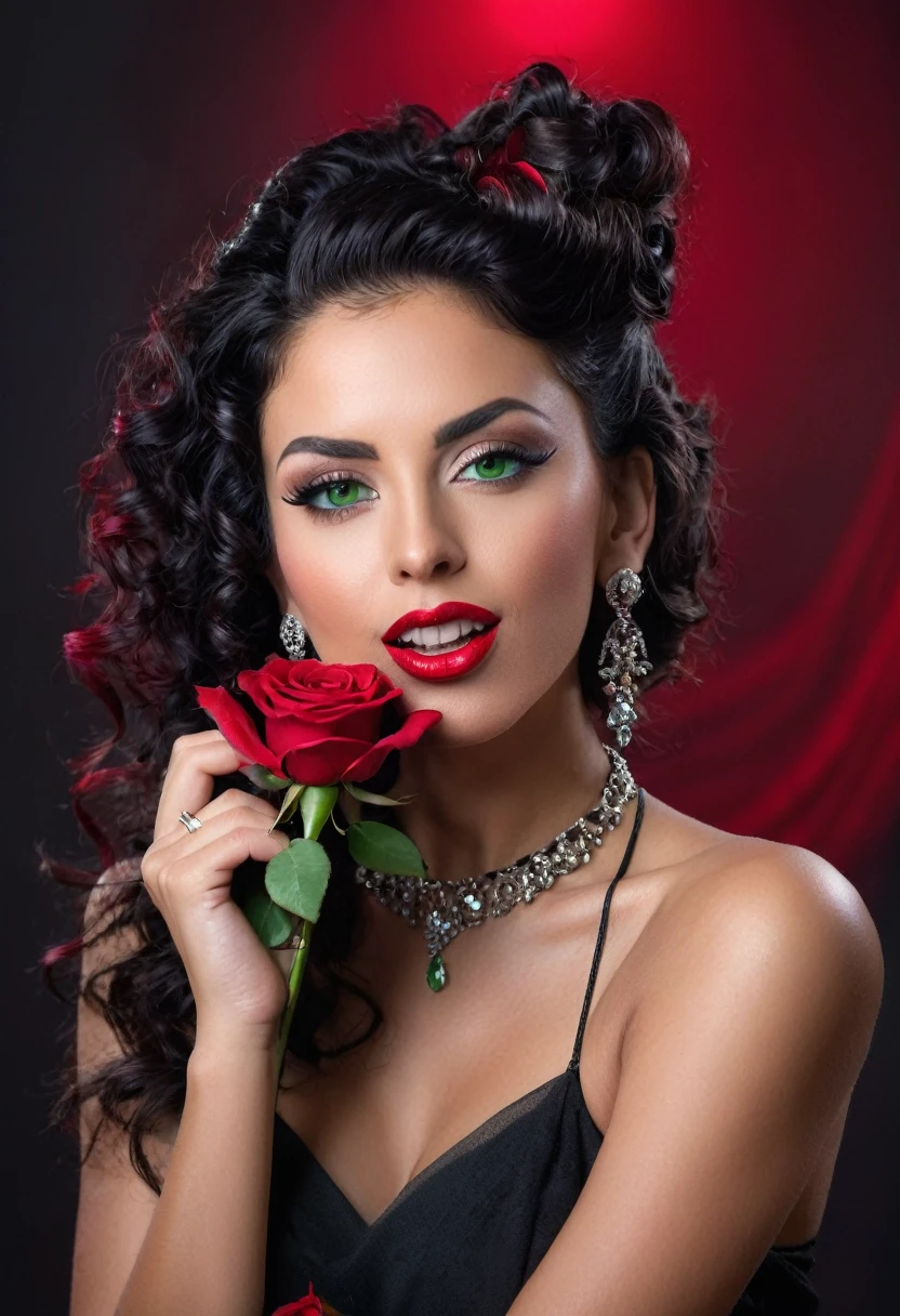 a woman with light green eyes, flawless skin, ((full body photo from the knee up)), full red mouth, curly black hair tied behind her head, holding a red rose close to her face, earrings and necklace in red stones, Extravagant photography style, in studio captured with a Nikon D7000 camera using 35mm lens, f11 speed 125sec, cinematic and dramatic back lighting, ultra sharp, background defocused colored lights, breathtaking surreal masterpiece. 8k. HDR.