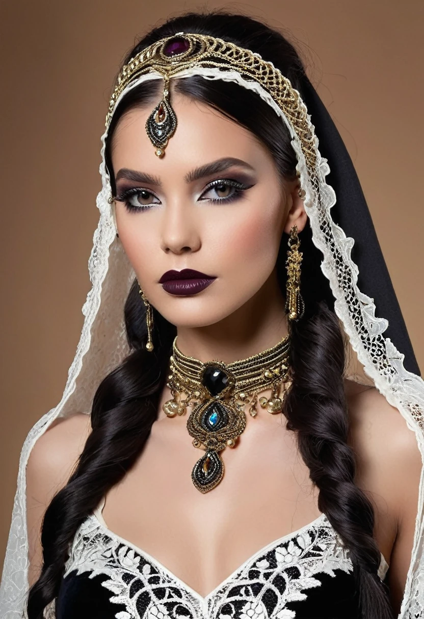 ### Paula: Soprano Voice
**Personality**:
- Elegant and mysterious.
- Very technical and precise in her singing.
- Somewhat reserved, but with a magnetic stage presence.
**Hair**:
- Black and long, with small braids decorated with beads or feathers, integrating indigenous elements.
**outfit**:
**1. Stylish gothic clothing:**
- **Long black velvet dresses**: with lace details y corsés ajustados que resaltan su figura. Dresses can have long and flared sleeves, and necklines adorned with lace.
- **long layers**: Velvet or silk, with hoodie, decorated with fine embroidery of indigenous motifs.
**2. accessories:**
- **Necklaces**: Silver or dark metals, with indigenous motifs and precious stones. Some necklaces can be made of wooden or seed beads..
- **Handles and rings**: Leather handles with metallic and indigenous details, large rings with dark stones.
- **Played**: Pequeñas tiaras o diademas con detalles de feathers and gemstones, adding a mystical and elegant touch.
**3. shoes:**
- **high leather boots**: with high-heels, decorated with buckles and lace or velvet details. They may have fine embroidery.
**4. make-up:**
- **smoky eyes**: With shadows in dark tones, silver and gold. Intense eyeliner and long eyelashes.
- **dark lips**: In burgundy tones, black or deep red, highlighting your features.
**5. Additional details:**
- **lace gloves**: Lengths up to the elbows, decorated with small embroidery or beads.
- **Played y peinetas**: with lace details, feathers and gemstones, that complement the braids.
- **indigenous embroidery**: In the dresses and capes, integrated in a subtle and elegant way