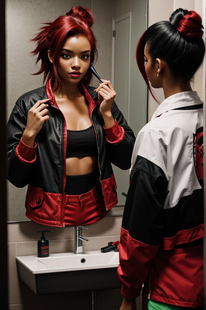 black hair girl, shoulder-length, red locks, parts, tongue piercing, Red eyes, black jacket with red, top color negro, shorts negros, putting on makeup in her bathroom, style of the Overwatch panel