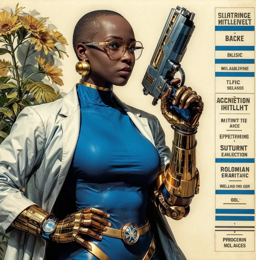 American Classic Comics: Bald, Black African woman, Bald head, Round Glasses, Superior Intellect,Maximum IQ, Scientist white Coat, blue shirt, covered neck, Science Clothing, Gold earrings, Bald , Golden gauntlets, Robotic right arm , Prosthesis,Futuristic energy weapon, Superior Intelligence,Botany, Hologram Barriers, Super hero Comics, utility belt, holding a laser gun, bright blue.