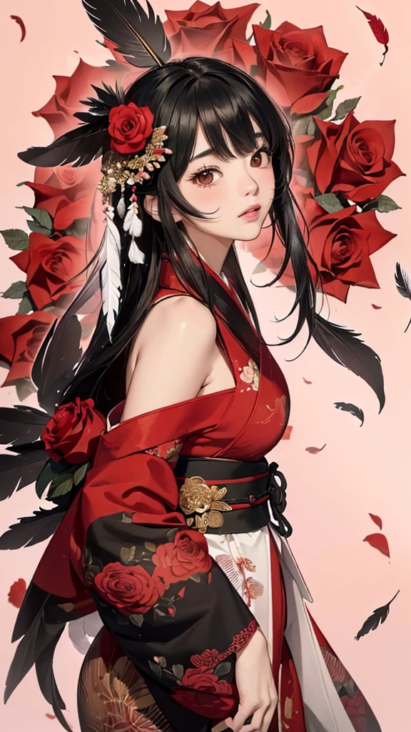 ((Highly detailed CG unit 8k wallpaper, masterpiece, High resolution, highest quality, highest qualityのリアルテクスチャスキン)),Watching the audience, ((very beautiful woman, Nana Komatsu, Figure with hands in pockets:1.5, plump lips, Japanese pattern haori)), (messy black hair, white skin, small breasts), ((and handle background, Colorful background with roses and feathers、Red and black warm color)), Sumi-e, hyper realistic, digital painting, concept art,Red and black kimono,Blushing,