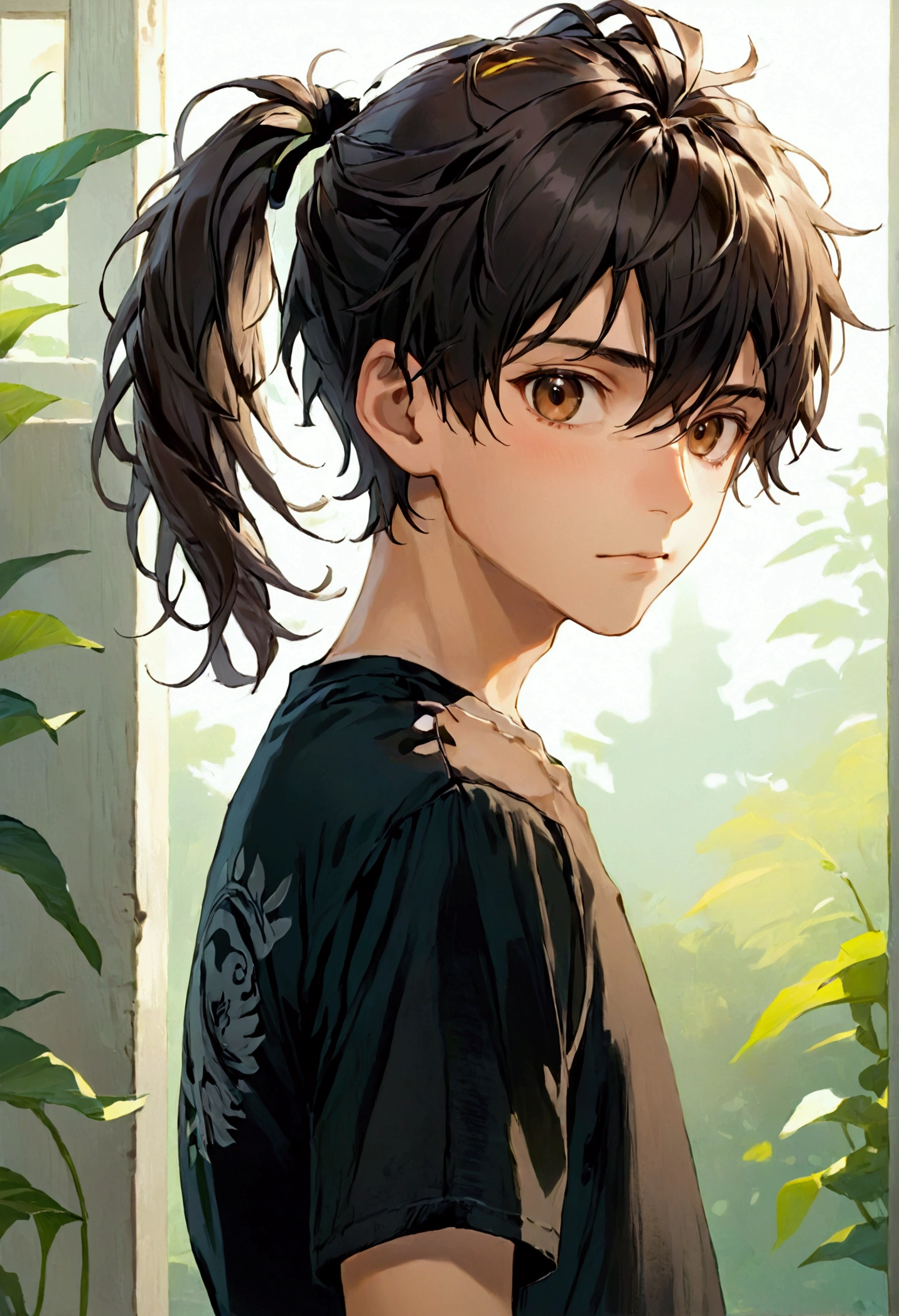 Boy with long dark brown hair tied in a ponytail, Brown eyes, Long black t-shirt with sleeves that cover half of the hand.