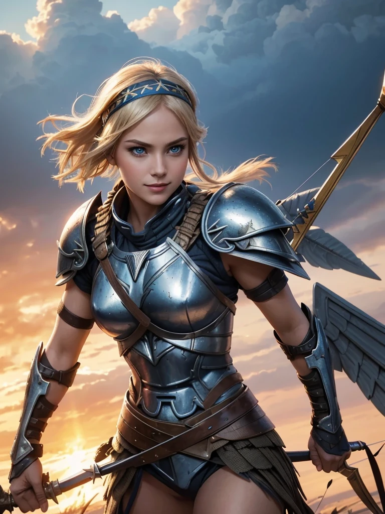 belligerent girl, Valkyrie, bold and beautiful, short blond hair, Blue eyes, smile, Predator's Gaze, Developing hair, A look over the shoulder, headband with metal wings, Sparkling steel, Bow and arrows, Weapon, heat of battle, battle, clouds, realistic photo, high quality, masterpiece, detailed study.