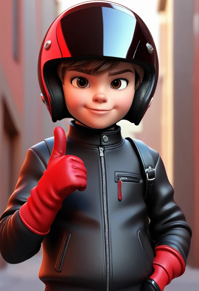 14 year old boy, wearing a motorcycle helmet, wearing a black polo collar and red biker gloves in 3D cartoon style, whole body, ok thumb sign