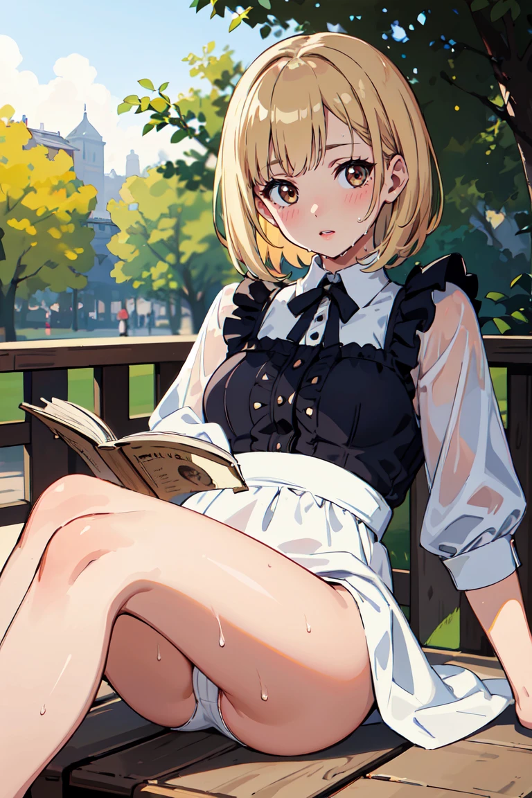 masterpiece, best quality, highly detailed background, perfect lighting, best quality, (extremely detailed face), volumetric lighting, intricate details, shadow, tonemapping, sharp focus, hyper detailed, trending on Artstation, (solo) ((Looking at the viewer)) .Girl with short blond hair. Brown eyes. curvy. Blush, Clear skin. Big bust.((Gothic dressed)). ((Sitting in the park reading)) ((Legs open)) ((white underwear)) ((wet vagina))