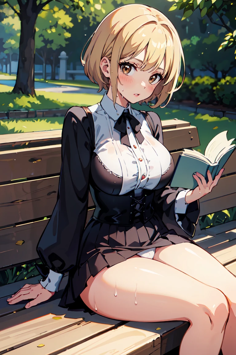 masterpiece, best quality, highly detailed background, perfect lighting, best quality, (extremely detailed face), volumetric lighting, intricate details, shadow, tonemapping, sharp focus, hyper detailed, trending on Artstation, (solo) ((Looking at the viewer)) .Girl with short blond hair. Brown eyes. curvy. Blush, Clear skin. Big bust.((Gothic dressed)). ((Sitting in the park reading)) ((Legs open)) ((white underwear)) ((wet vagina))