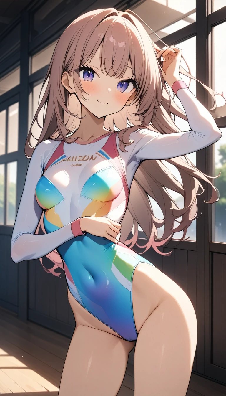 expensivequality illustration, masterpiece, Very delicate and beautiful, Attractive girl,(Gymnastics leotard, Floral print leotard,キラキラ輝く装飾が施されたLong sleeve leotard,expensive_Leg leotard,athletic leotard,tight-fitting leotard,Rainbow gradient leotard,Long sleeve leotard),thin,Slender body,slim,expensive school,Gymnasium background,Gymnastics Club,Gymnast,Princess, Beautiful Eyes,A light smile,(masterpiece, Highest quality:1.2), expensiveres, 非常に詳細な CG ユニティ 8K 壁紙, Perfect lighting, colorful, ultra-expensive res,4K,Super detailed, photograph, 8K, High resolution, ,
