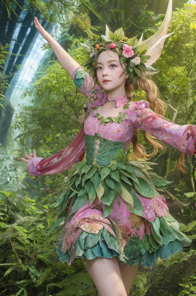 Standing, Standing still, Legs open, A-Pose, T-Pose, 3D Model Pose. BREAK abstract background,BREAK TPose, outstretched arms,BREAK TPose, Outstretched arms, !BREAK abstract background,BREAK TPose, outstretched arms. Woman in a pink dress and green leaves on her head, elf girl wearing an flower suit, humanoid flora, wearing a dress made of vines, woman made of plants, a beautiful fairie, snake skin armor forest dryad, martial artist dryad, beautiful elegant dryad, 🌺 cgsociety, forest dryad, floralpunk elysian maiden