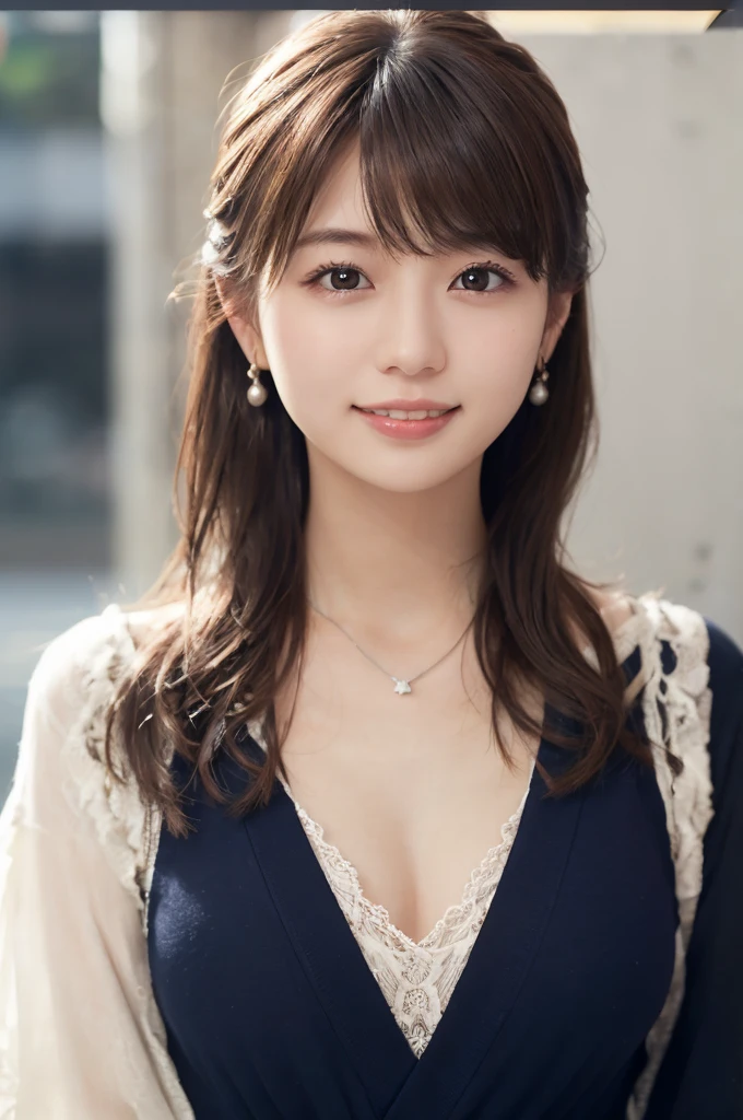 1 Girl, Japanese office lady、Shibuya Snaps, Tokyo、(Small silver earrings、Silver Necklace:1.2), (RAW Photos, highest qualそれy), (Realistic, Realistic:1.4), Tabletop, Very delicate and beautiful, Very detailed, 2k wallpaper, wonderful, finely, Very detailed CG Unそれy 8K 壁紙, Very detailed, High resolution, Soft Light, Beautiful detailed girl, Very detailed目と顔, Beautiful and sophisticated nose, finelyて美しい目, Cinema Lighting, Perfect Anatomy, Slender body, Was nervous, 
Straight semi-long hair, bangs, Looking at the audience, smile.Medium chest.