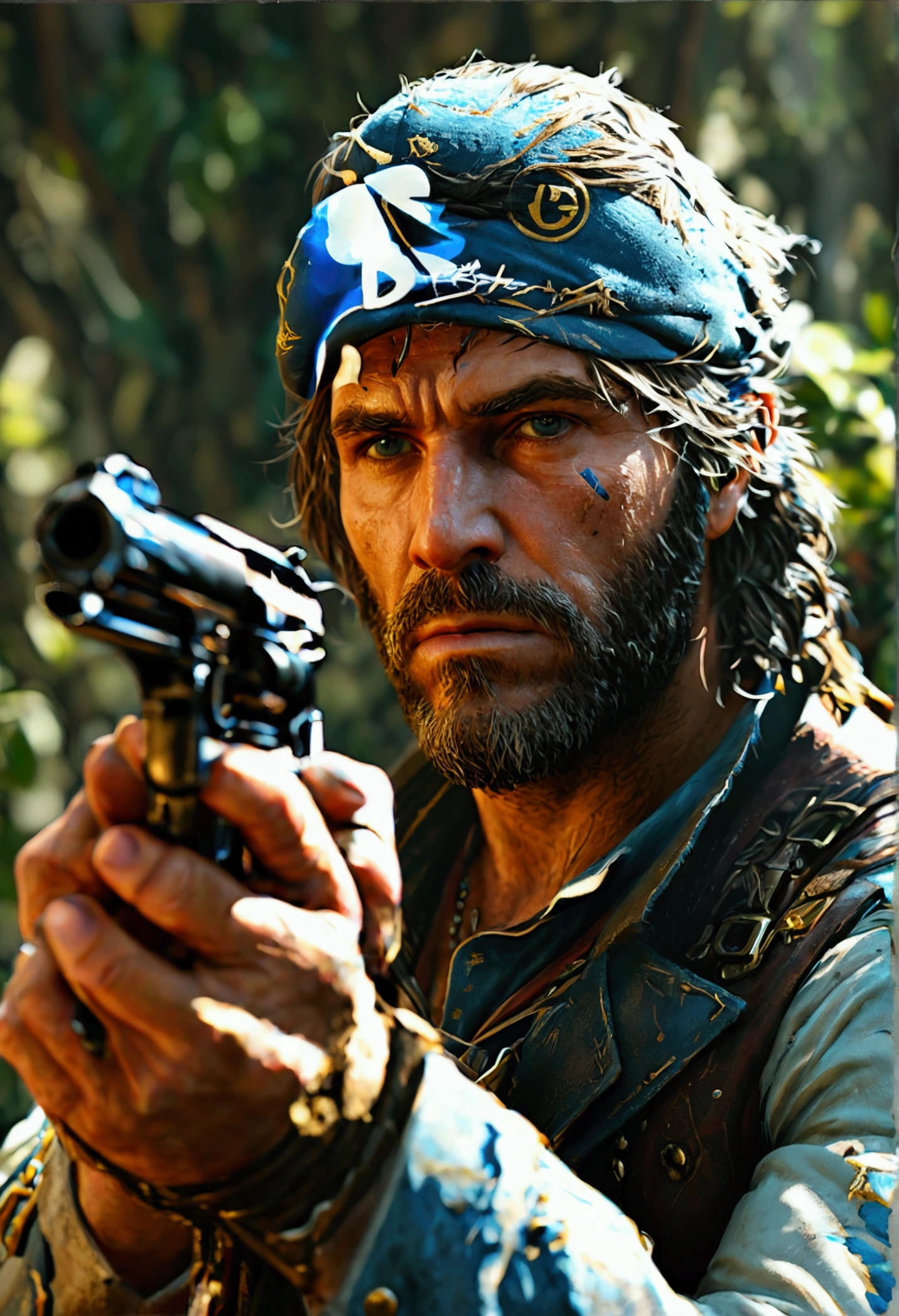 there's a KING man with a bloody face and a bandana, Iki face, 4k detailed horror art, KING DAVID, Portrait from the film 'They Live', terminator art, horror digital art, highly detailed vfx portrait of, Realistic portrait, photorealistic horror, pulp character portrait, barclay shaw 8k fotorrealista, irreal 5. rpg portrait, incredible resemblance