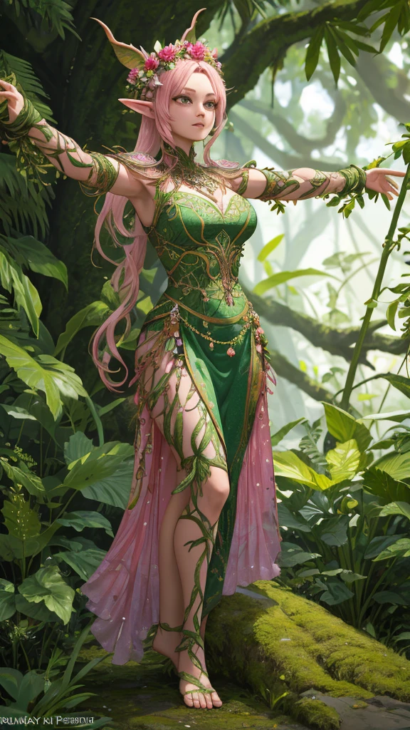 Standing, Standing still, Legs open, A-Pose, T-Pose, 3D Model Pose. BREAK abstract background,BREAK TPose, outstretched arms,BREAK TPose, Outstretched arms, !BREAK abstract background,BREAK TPose, outstretched arms. Woman in a pink dress and green leaves on her head, elf girl wearing an flower suit, humanoid flora, wearing a dress made of vines, woman made of plants, a beautiful fairie, snake skin armor forest dryad, martial artist dryad, beautiful elegant dryad, 🌺 cgsociety, forest dryad, floralpunk elysian maiden