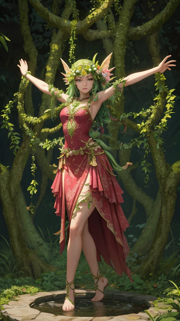 Standing, Standing still, Legs open, A-Pose, T-Pose, 3D Model Pose. BREAK abstract background,BREAK TPose, outstretched arms,BREAK TPose, Outstretched arms, !BREAK abstract background,BREAK TPose, outstretched arms. Woman in a pink dress and green leaves on her head, elf girl wearing an flower suit, humanoid flora, wearing a dress made of vines, woman made of plants, a beautiful fairie, snake skin armor forest dryad, martial artist dryad, beautiful elegant dryad, 🌺 cgsociety, forest dryad, floralpunk elysian maiden