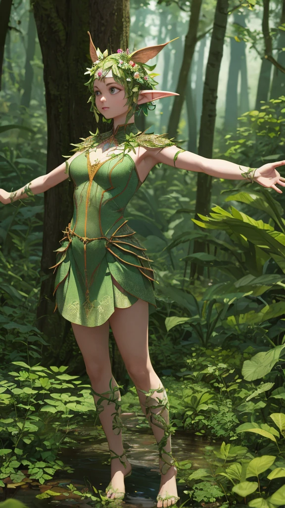 Standing, Standing still, Legs open, A-Pose, T-Pose, 3D Model Pose. BREAK abstract background,BREAK TPose, outstretched arms,BREAK TPose, Outstretched arms, !BREAK abstract background,BREAK TPose, outstretched arms. Woman in a pink dress and green leaves on her head, elf girl wearing an flower suit, humanoid flora, wearing a dress made of vines, woman made of plants, a beautiful fairie, snake skin armor forest dryad, martial artist dryad, beautiful elegant dryad, 🌺 cgsociety, forest dryad, floralpunk elysian maiden