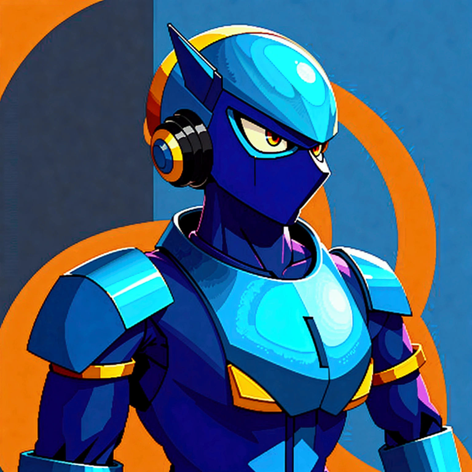 Medabot, gundam, A mecha robot. A robot, pixel image of a blue and yellow robot with a green helmet, crow in cyber armour, varguyart style, alien space knight, male robotic anthro orca, shovel knight as daft punk, clothed in cyber armour