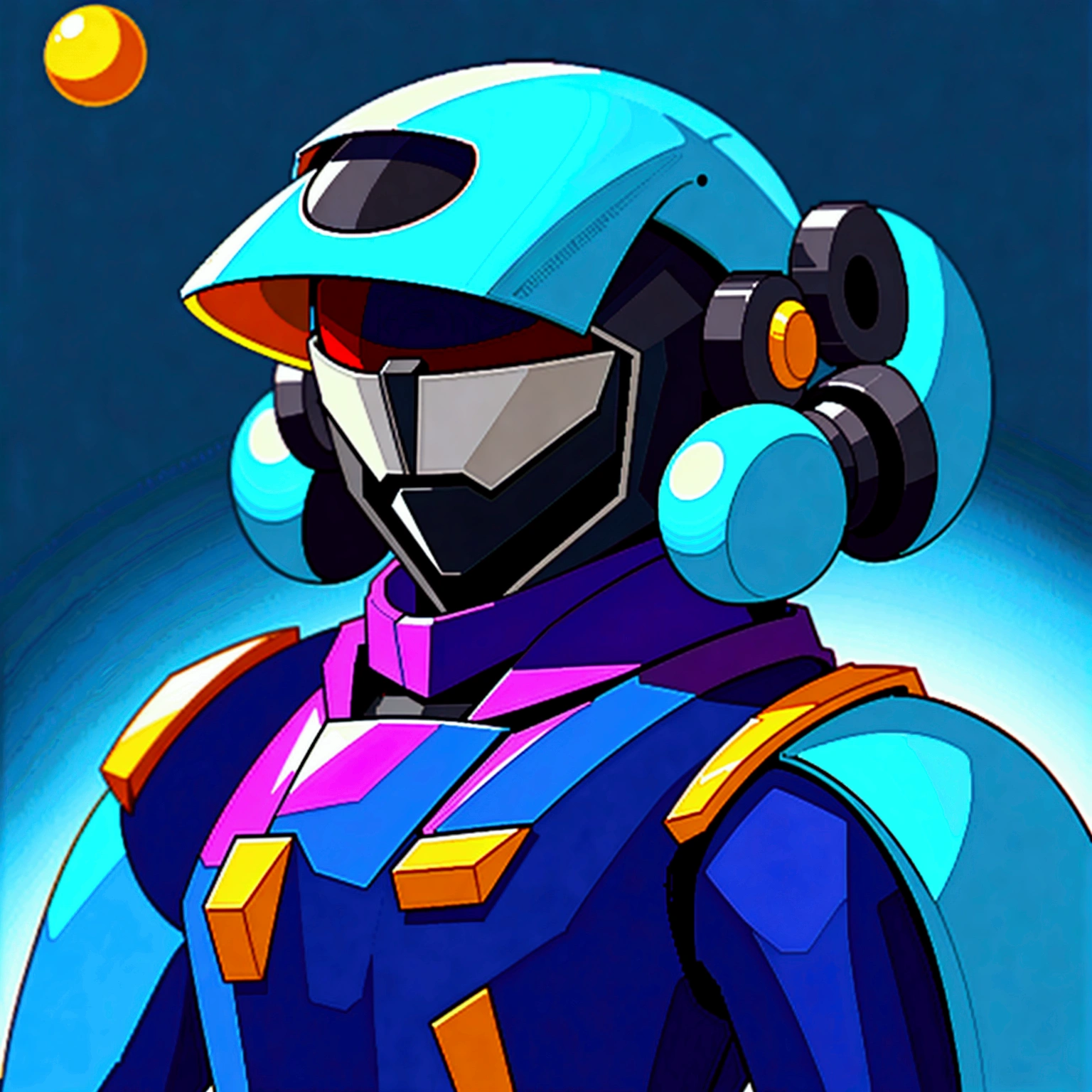Medabot, gundam, A mecha robot. A robot, pixel image of a blue and yellow robot with a green helmet, crow in cyber armour, varguyart style, alien space knight, male robotic anthro orca, shovel knight as daft punk, clothed in cyber armour