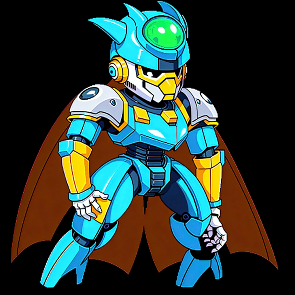 Medabot, gundam, A mecha robot. A robot, pixel image of a blue and yellow robot with a green helmet, crow in cyber armour, varguyart style, alien space knight, male robotic anthro orca, shovel knight as daft punk, clothed in cyber armour