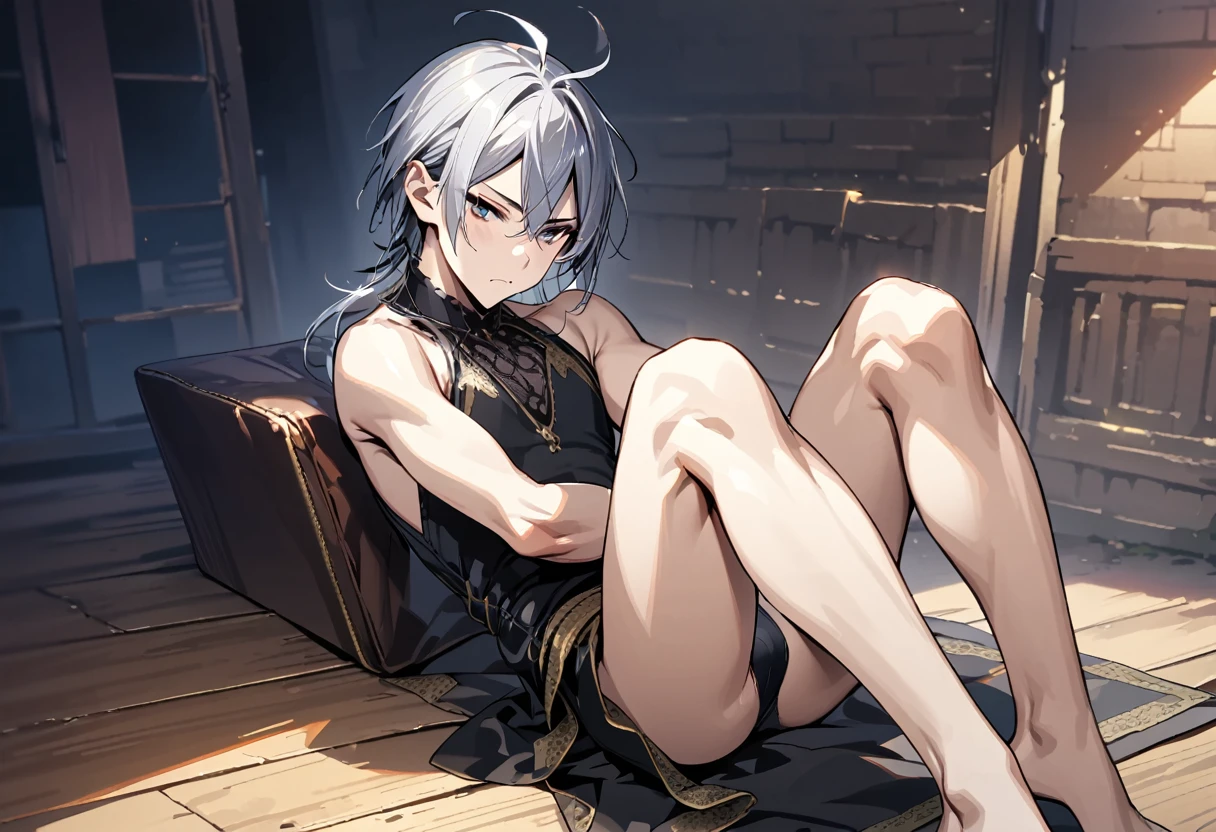 absurdres, highres, ultra detailed, super fine illustration, best quality, 1boy, perfect anatomy, male focus, solo, (dark-skinned:0.8) male, silver hair, long hair, black bikini, bare shoulders, bare arms, bare legs, <lora:_L2090:-0.6> <lora:flat:-0.2>