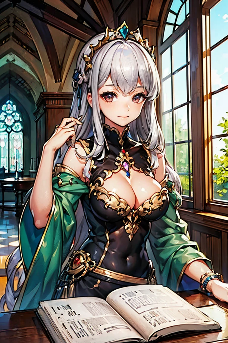 (masterpiece, best quality:1.2), 1girl, solo, tiara, silver hair, red eyes, cleavage, (30 years old) , woman,
