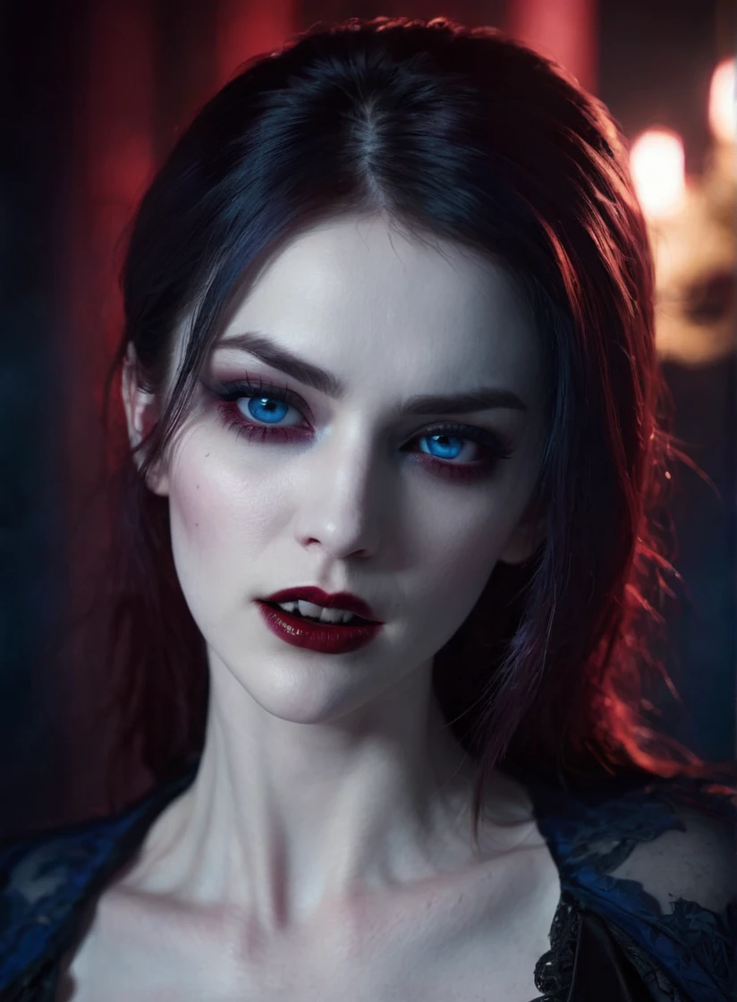 A vampire male, dramatic lighting, attractive woman, blood dripping from her neck, pale skin, fangs bared, intense gaze, cinematic composition, dark moody atmosphere, deep red and blue color tones, photorealistic, highly detailed, intricate textures, dramatic shadows, cinematic lighting