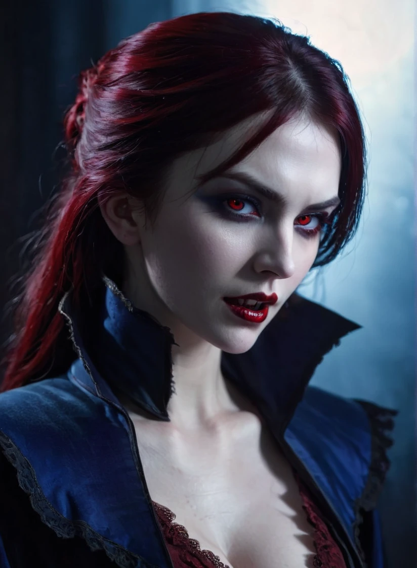 A vampire male, dramatic lighting, attractive woman, blood dripping from her neck, pale skin, fangs bared, intense gaze, cinematic composition, dark moody atmosphere, deep red and blue color tones, photorealistic, highly detailed, intricate textures, dramatic shadows, cinematic lighting