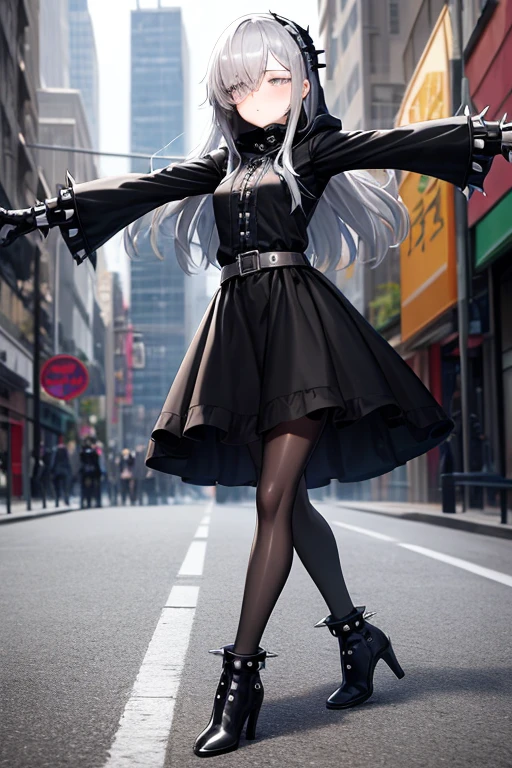 ((best quality)), ((masterpiece)), (detailed), 1 girl, Full body, 18 years old, Depressed face, Silver eyes, Arms outstretched, Arms behind waist, Metal covering her eyes, Eyes covered, Blushing, Silver hair, Straight hair, Bangs, Strand of hair covering her eye, Full body, Small breasts, Slim body, Grey hood, Metal spikes, Grey wristbands, Long black gloves with spikes, Grey goth outfit, Gothic lolita, Grey dress with metal spikes, Metal emblem, Tight fitting, Black belt, Metal legs, Black pantyhose, Black boots, Walking through the city, Metal spikes sticking out of the road, City background, Anime