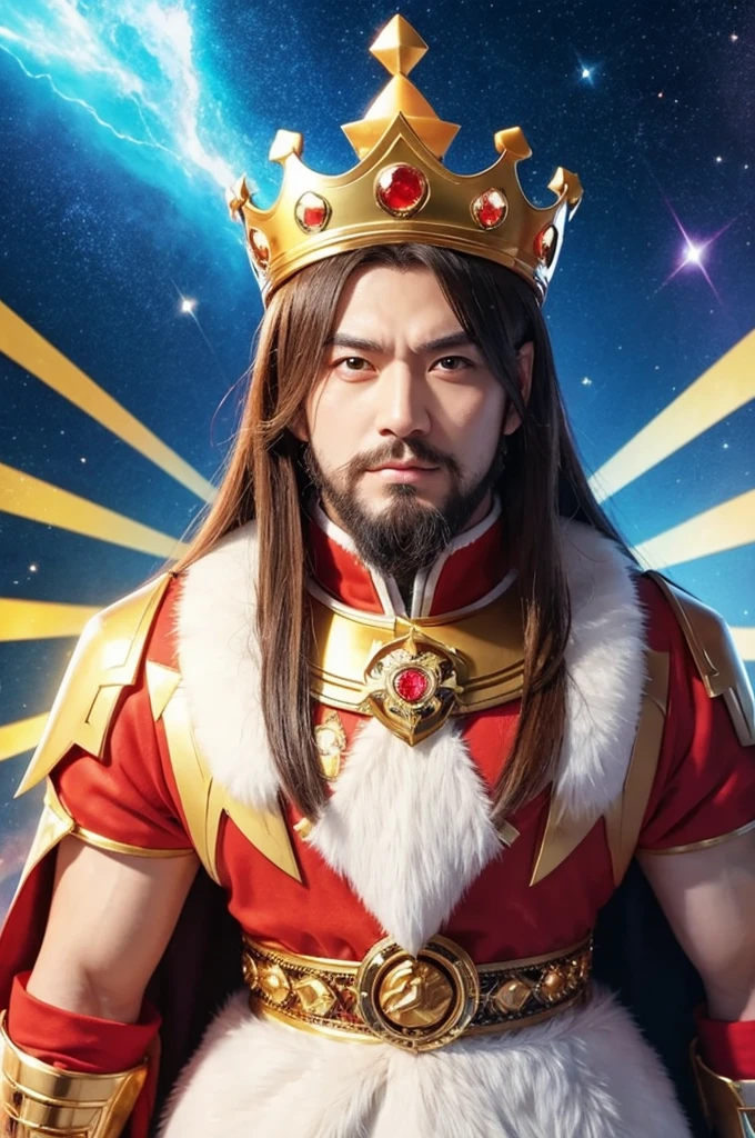 Wearing a crown twice the size of his anime-style head, his face is a mammoth, his body is human, and he looks like a flashy king.
