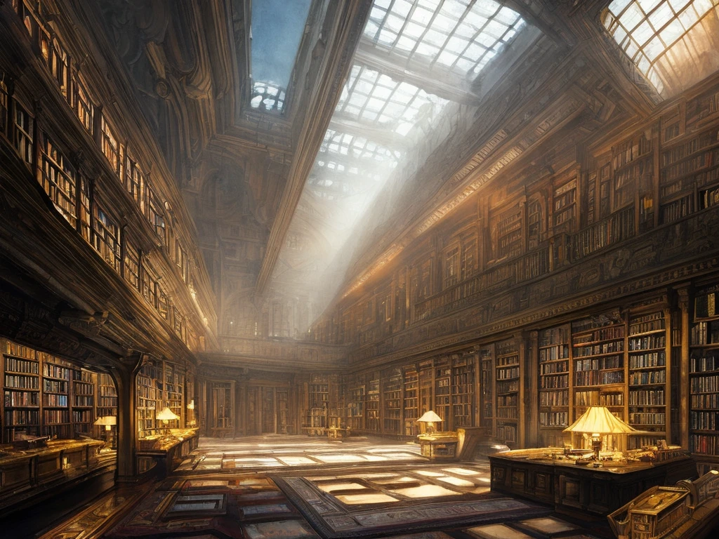 A huge imperial library with intircate windows and many bookshelves, soft sunlight, dark academia atmosphere, Johan Grenier style, Alyssa Monks style