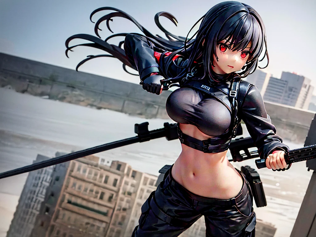 posable articulated figure of an anime girl with black hair and red eyes, wearing a tactical suit with several compartments in the suit, using a sword in a ready to attack pose with a destroyed city in the background