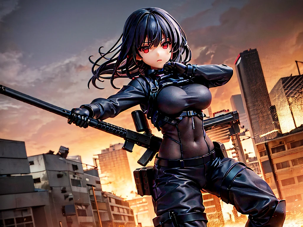 posable articulated figure of anime girl wearing heavy tactical black suit, cargo pants, a sword that he carries on his back, Red eyes, straight black hair, C cup breasts, with an assault rifle in his hands in a pose ready to attack, with a destroyed city in the background