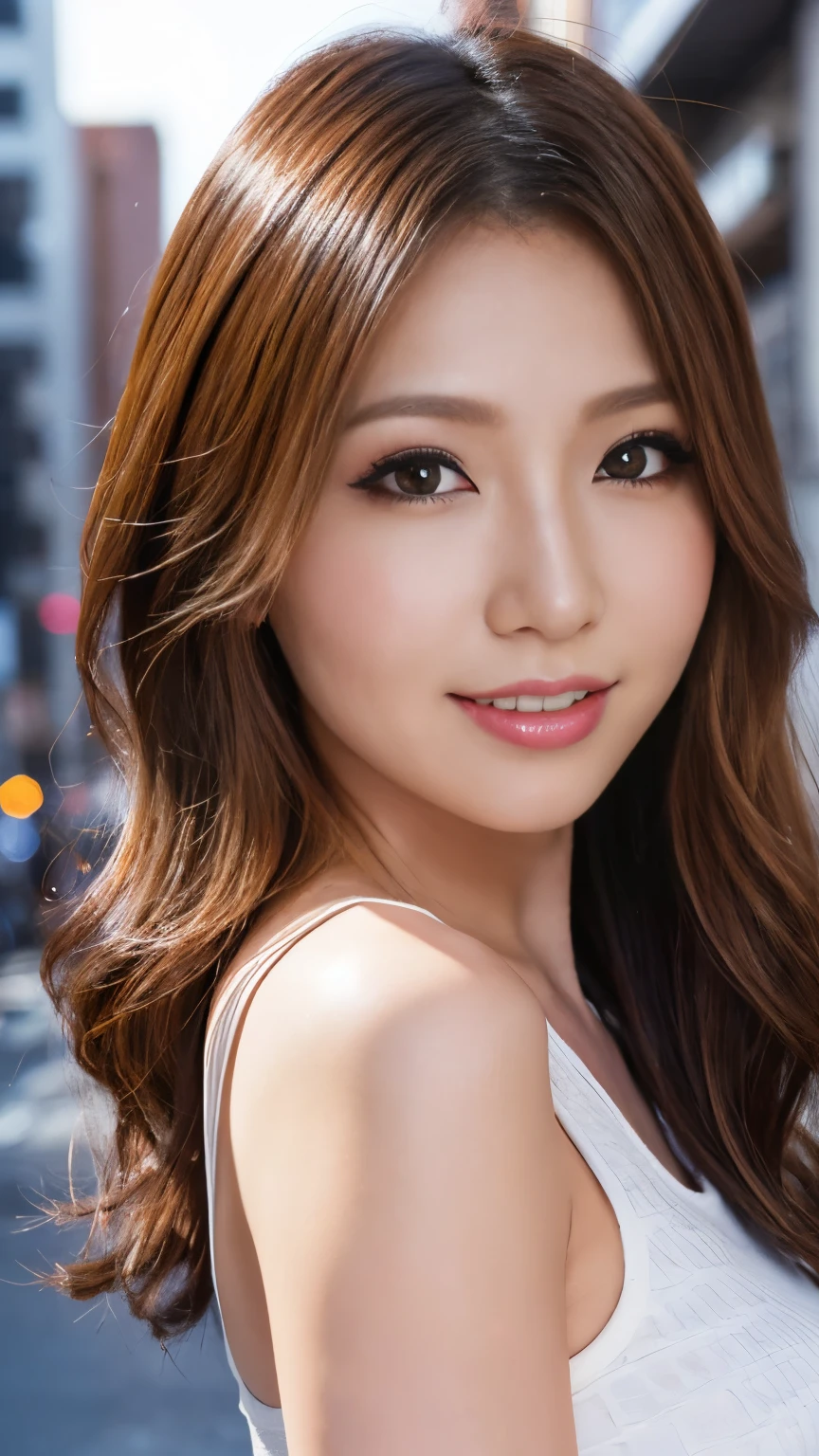 (Cowboy Shot、Highest quality、8k、Award-winning works、Ultra-high resolution)、One beautiful woman、(perfection, Shiny tight dress)、Bright color contacts、perfection Makeup、Bright and shiny lipstick、(Very heavy makeup:1.2)、Beautiful bright eyeshadow、(Big Breasts:1.2)、Long Hair,(brand:1.3)、(Romantic affection:1.1)、私を見た時の最高のsmile、(Many of them emphasize the body line....:1.1)、(Strongly blurred vibrant Harajuku city background:1.1)、(Strongly blurred background:1.1)、Accurate anatomy、Ultra HD Hair、(Ultra-high resolutionのperfectionな美しい歯:1.1)、Ultra-high definition beauty face、Ultra HD Hair、Ultra HD Shining Eyes、輝くUltra-high resolutionの美肌、Ultra-high resolutionの艶やかな唇,smile