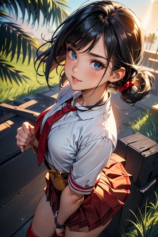 #Basics A girl is posing for a photo, animeのかわいい女の子, (((One Girl, Baby Face, Young girl, ))), 
BREAK 

#Clothing Accessories 
(A school blazer with a black base and red accents + (Red and white)Checkered pleated skirt + A tie with a diagonal blue line on a red background + White knee-high socks with red lines:1.4 + Brown Loafers), 
small red earrings, Silver Bracelet, 
BREAK 

#Features 
((Black Hair)), Curly hair, (Twin tails : Short Hair + Wavy Hair + Hair blowing in the wind + Curly Hair + Red scrunchie),  
(Droopy eyes, blue eyes), (Small breasts), 
BREAK 

#background environment 
(noon、(Sunlit schoolyard + grass)), 
#Facial Expression Pose
((A happy look + Open your mouth:3 + smile), (Standing pose with palms lightly placed on the sides of the hips)), 
#composition 
((Face the camera, Angle from below, Cowboy Shot)),  
BREAK 

#Body parts elements 
(Detailed hair, Beautiful Hair, Shiny Hair), 
(double eyelid, Long eyelashes), 
(Expression of fine eyes, Beautiful and delicate eyes, Sparkling eyes, Eye Reflexes, Glitter Eyeliner), 
(Human Ear), 
(Beautiful Nose, Thin Nose), 
(Glossy lips, Beautiful Lips, Thick lips, Glossy Lips, Natural Cheeks), 
(Detailed face, Symmetrical facial features), 
(Detailed skin, Textured skin, Beautiful Skin, Shiny skin), 
BREAK 

#Quality 
(((Highest quality)), ((masterpiece)), ((Very detailed))), ((High resolution), (16K,1080P)), 
(Realistic), (Anatomically correct), 
((comics, anime)), (3DCG), CG illustration,
