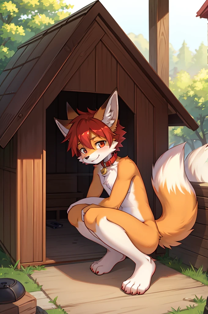 Fox Boy,Hands and knees,Red collar,doghouse