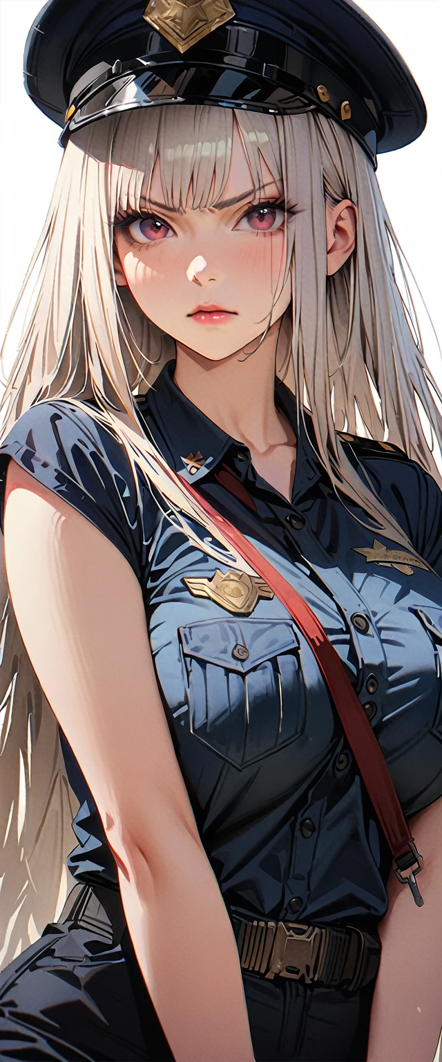 20 years old,1 mature woman,hyperrealistic, 8k, (extremely detailed 8k), (very delicate and beautiful), (masterpiece), (better quality:1.0), (ultra high resolution:1.0), (masterpiece, best quality),cute,white hair,cowboy shot,white background,realistic skin,Combat Readiness,big breasts,angry,hime cut,black nail,extra long hair,police officer