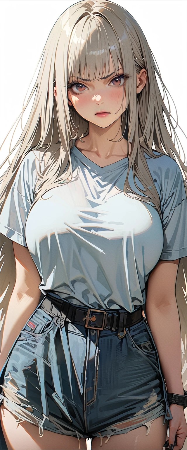 20 years old,1 mature woman,hyperrealistic, 8k, (extremely detailed 8k), (very delicate and beautiful), (masterpiece), (better quality:1.0), (ultra high resolution:1.0), (masterpiece, best quality),cute,white hair,cowboy shot,white background,realistic skin,Combat Readiness,big breasts,angry,hime cut,black nail,extra long hair,police officer