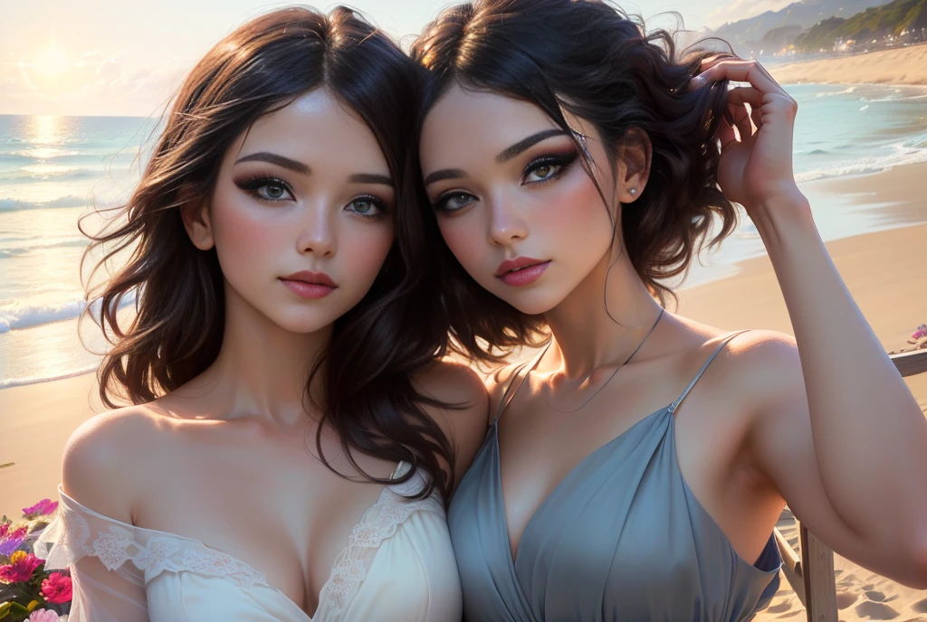 mdnn, (infoque nítido:1.2), portrait, intractive young woman, (beautiful face:1.1), detailed eyes, delicious lips, (eye makeup:1.2), (tight body:1.2), exhausting (flowery dress:1.2) in (the beach:1.2). (morning sun lighting:1.2), depth of field, bokeh, 4k, HDR. by (James C.. Christinsin:1.2|Jeremy Lipking:1.1).