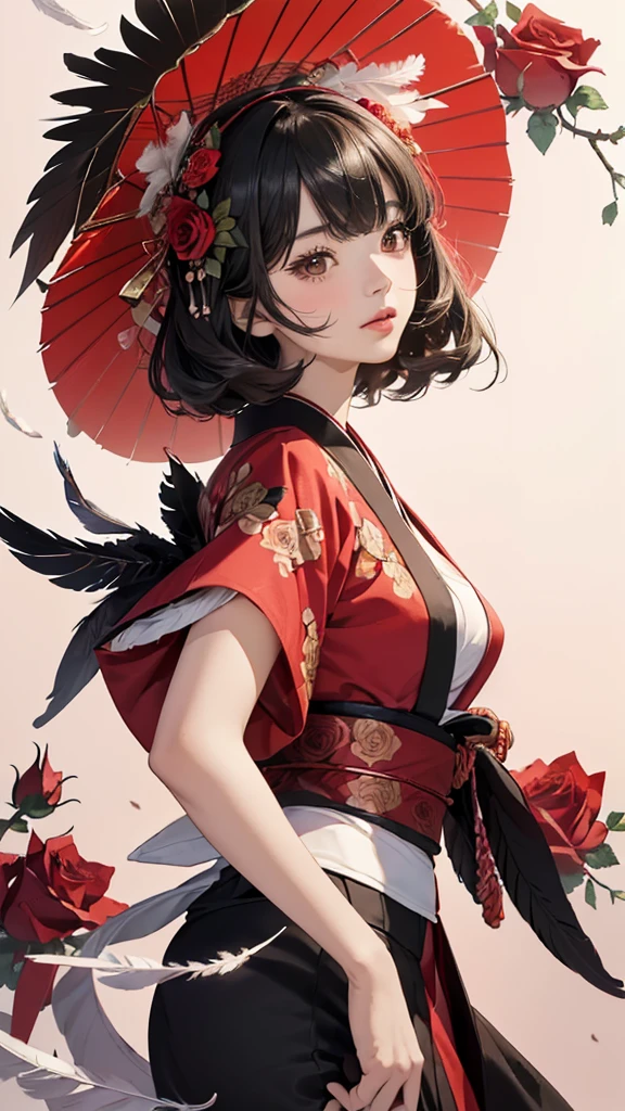 ((Highly detailed CG unit 8k wallpaper, masterpiece, High resolution, highest quality, highest qualityのリアルテクスチャスキン)), ((very beautiful woman, Nana Komatsu, Figure with hands in pockets:1.5, plump lips, Japanese pattern haori)), (messy black hair, white skin, small breasts), ((and handle background, Colorful background with roses and feathers、Red and black warm color)), Sumi-e, hyper realistic, digital painting, concept art,Red and black kimono