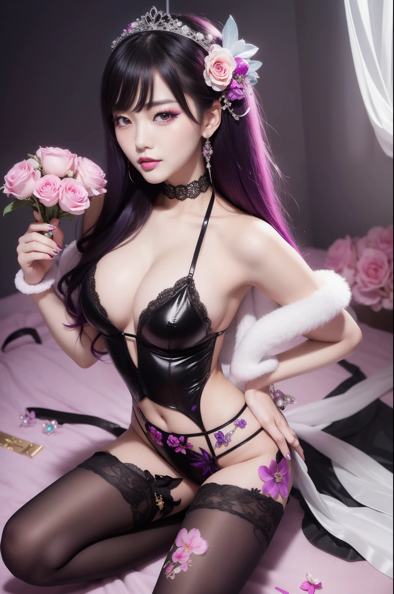 sexy Korean model who controls poison、beautiful smile、lipgloss、bold lipstick、intense makeup、look at the camera、full body Esbian、、sparkling poisoned flower costume、、、、sparkling Colorful hair、secrete poison、skull hair accessories、sexy tights、shiny sparkling flowers background