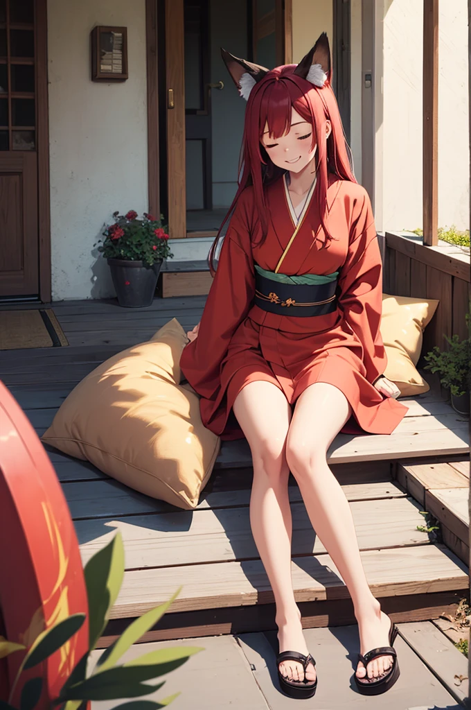 1girl, long red hair, amber eyes, slender body, red kimono, smiling, red fox ears, lie on porch, sleep, closed eyes, opened legs, Liying, sandals