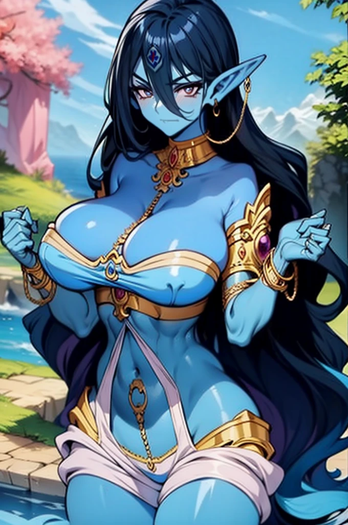 (Masterpiece, best quality, official art, 8K), ultra-detailed, a cartoon image of a Sky Blue Skinned female Djinn with blue hair and a chain around her neck, Human Hybrid Djinn, ((((sky blue skin)))), skin genie girl sky blue, (((hands behind the back, hiding hands))), alone, Krenz Cushart and Artgerm, aesthetics!!!!!!, female genius, she is huge, beautiful girl genius, artgerm comics, colorful artgerm!!!, artgerm style, in the artgerm style, artgerm style, Asian Water Elemental Woman, Goddess Inanna, The Greek goddess Afrotita, aesthetic!!!!!!, (1 Female Genie Djinn), (Big Breasts), Beautiful Genie, Evil Goddess, Djinn Character, Detailed Body, mega detailed sensual body, perfect goddess body, Cuffs with Hanging Chains, Colorful Concept Art, Spiritual Fantasy Concept Art, female genie, ((blue hair)), Sky blue skin, Djinn girl, (Sky Blue Skinned Elf-Djinn).