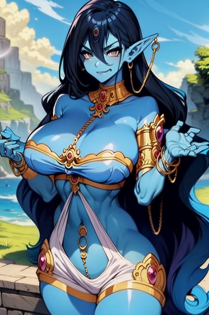 (Masterpiece, best quality, official art, 8K), ultra-detailed, a cartoon image of a Sky Blue Skinned female Djinn with blue hair and a chain around her neck, Human Hybrid Djinn, ((((sky blue skin)))), skin genie girl sky blue, (((hands behind the back, hiding hands))), alone, Krenz Cushart and Artgerm, aesthetics!!!!!!, female genius, she is huge, beautiful girl genius, artgerm comics, colorful artgerm!!!, artgerm style, in the artgerm style, artgerm style, Asian Water Elemental Woman, Goddess Inanna, The Greek goddess Afrotita, aesthetic!!!!!!, (1 Female Genie Djinn), (Big Breasts), Beautiful Genie, Evil Goddess, Djinn Character, Detailed Body, mega detailed sensual body, perfect goddess body, Cuffs with Hanging Chains, Colorful Concept Art, Spiritual Fantasy Concept Art, female genie, ((blue hair)), Sky blue skin, Djinn girl, (Sky Blue Skinned Elf-Djinn).