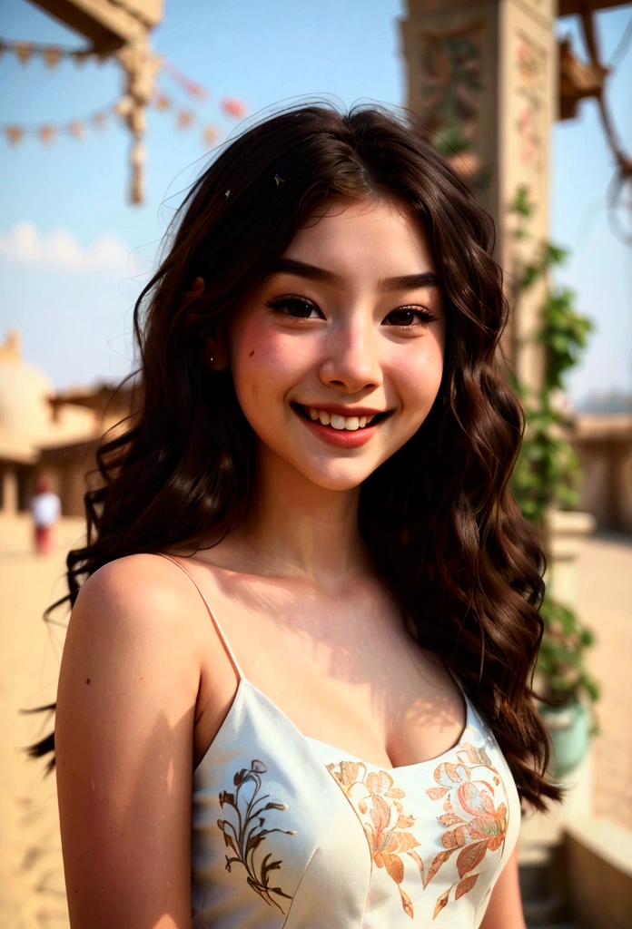 (Beautiful young woman_bright smile), one bear, highly detailed, realistic, masterpiece, highly detailed, illustration, 1 girl, high angle, messy long hair, highest quality, highly detailed CG Unity 8k wallpaper, ink , amazing, movie lighting, lens flare, Dunhuang style,