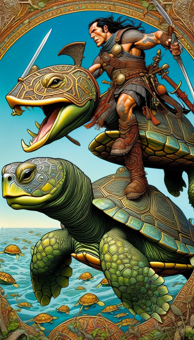 the warrior and the turtle(art inspired by Geoff Darrow, intricate details, oil painted )
