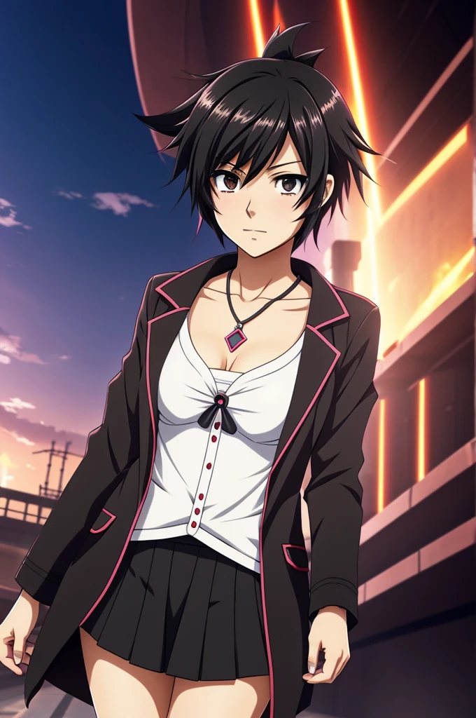 Generate an anime character with Tokyo revengers animation, let it be a girl with short black hair in layers, with very expressive eyes and with the Tokyo manji clothing and the LGBT bracelet