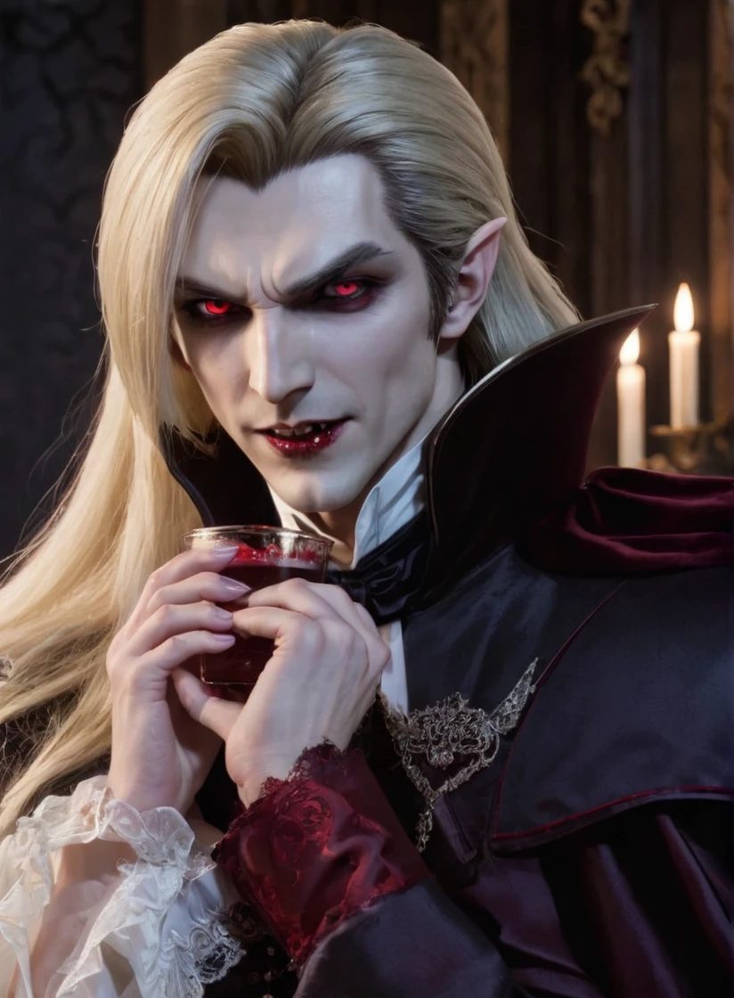 A slightly cartoonish/anime-style image featuring a male vampire with sharp vampire fangs. He is drinking blood from the neck of an attractive blonde female. The vampire has pale skin, dark hair, and glowing red eyes, wearing a classic Victorian suit with a high-collared cape. The blonde female has long, flowing hair and is dressed in an elegant, sleeveless gown. The scene is set in a dimly lit, gothic room with ornate decorations and a sense of dark romance. The overall style should blend elements of realism with the distinct, exaggerated features typical of anime. Vampire male drinks blood from human female neck