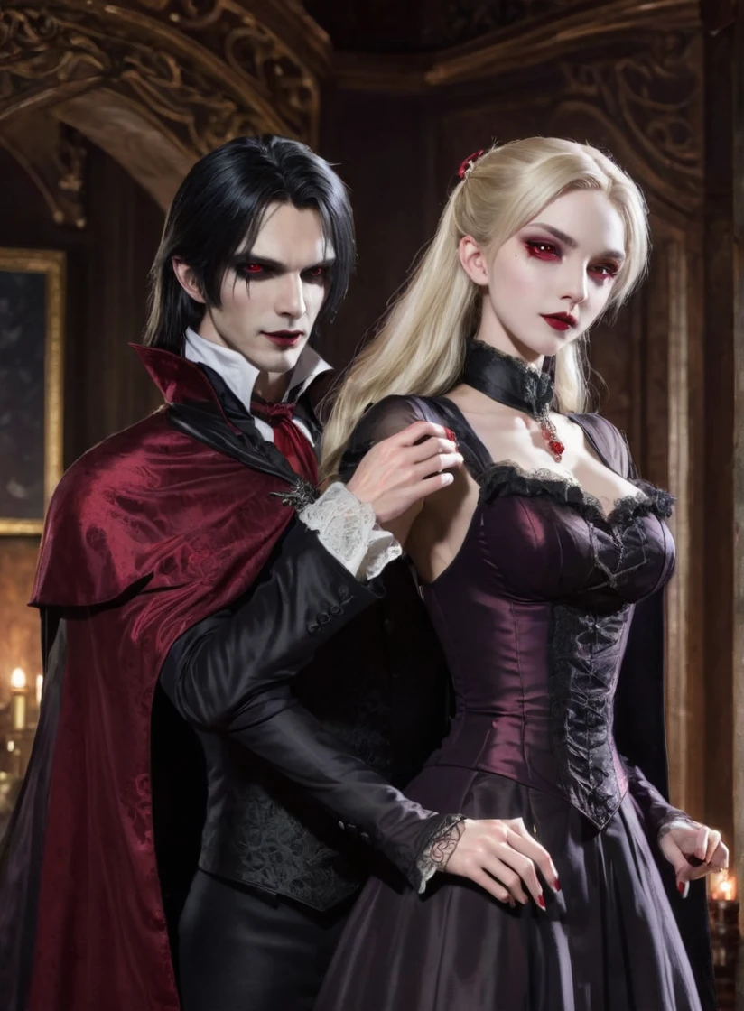 A slightly cartoonish/anime-style image featuring a male vampire with sharp vampire fangs. He is drinking blood from the neck of an attractive blonde female. The vampire has pale skin, dark hair, and glowing red eyes, wearing a classic Victorian suit with a high-collared cape. The blonde female has long, flowing hair and is dressed in an elegant, sleeveless gown. The scene is set in a dimly lit, gothic room with ornate decorations and a sense of dark romance. The overall style should blend elements of realism with the distinct, exaggerated features typical of anime. Vampire male drinks blood from human female neck