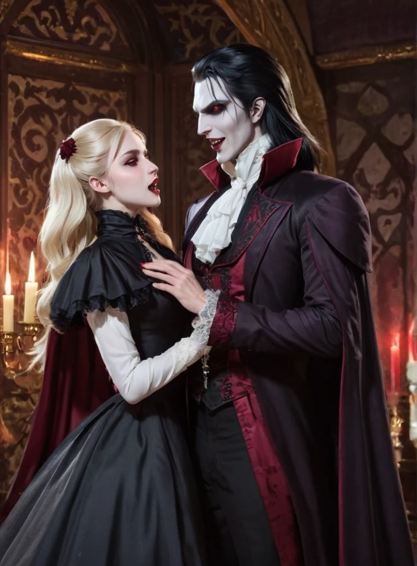 A slightly cartoonish/anime-style image featuring a male vampire with sharp vampire fangs. He is drinking blood from the neck of an attractive blonde female. The vampire has pale skin, dark hair, and glowing red eyes, wearing a classic Victorian suit with a high-collared cape. The blonde female has long, flowing hair and is dressed in an elegant, sleeveless gown. The scene is set in a dimly lit, gothic room with ornate decorations and a sense of dark romance. The overall style should blend elements of realism with the distinct, exaggerated features typical of anime. Vampire male drinks blood from human female neck