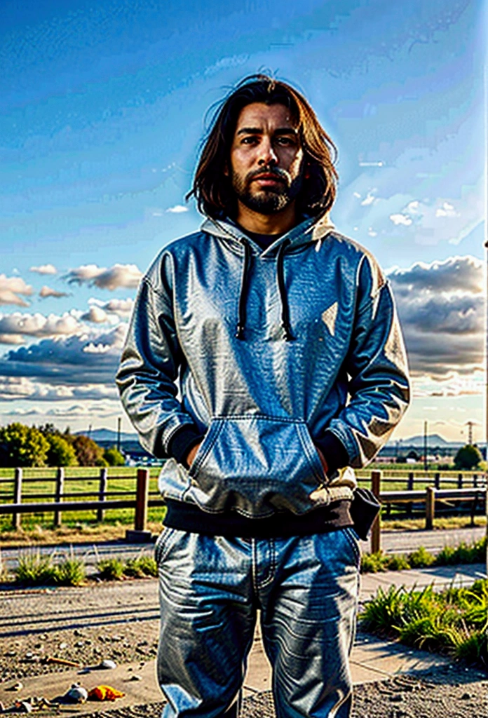 A 28-year-old Latino man with trendy side hair and a black beard, Warmly dressed in a hooded sweatshirt, he looks at the horizon and thinks about his entire life., 1 man on the scene in the distance, a field scene with green grass, there is a lot of dust in the wind, and a gravel road. calm and peaceful composition, wide angle camera scene, contemplative scene, full body shot, sun and daylight, movie perspective, High Definition, intricate details, dynamic composition, volumetric light, RAW, Masterpiece, Fujifilm XT3, shadow contrast, photorealistic