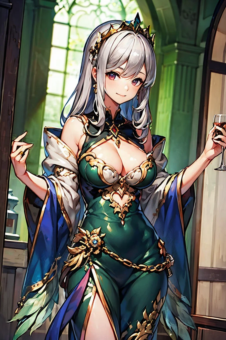 (masterpiece, best quality:1.2), 1girl, solo, tiara, silver hair, red eyes, cleavage, (30 years old) , woman, long hair, 