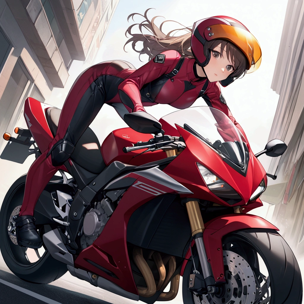 Woman on Motorcycle、Full Face Helmets、Rider Suit、low-angle