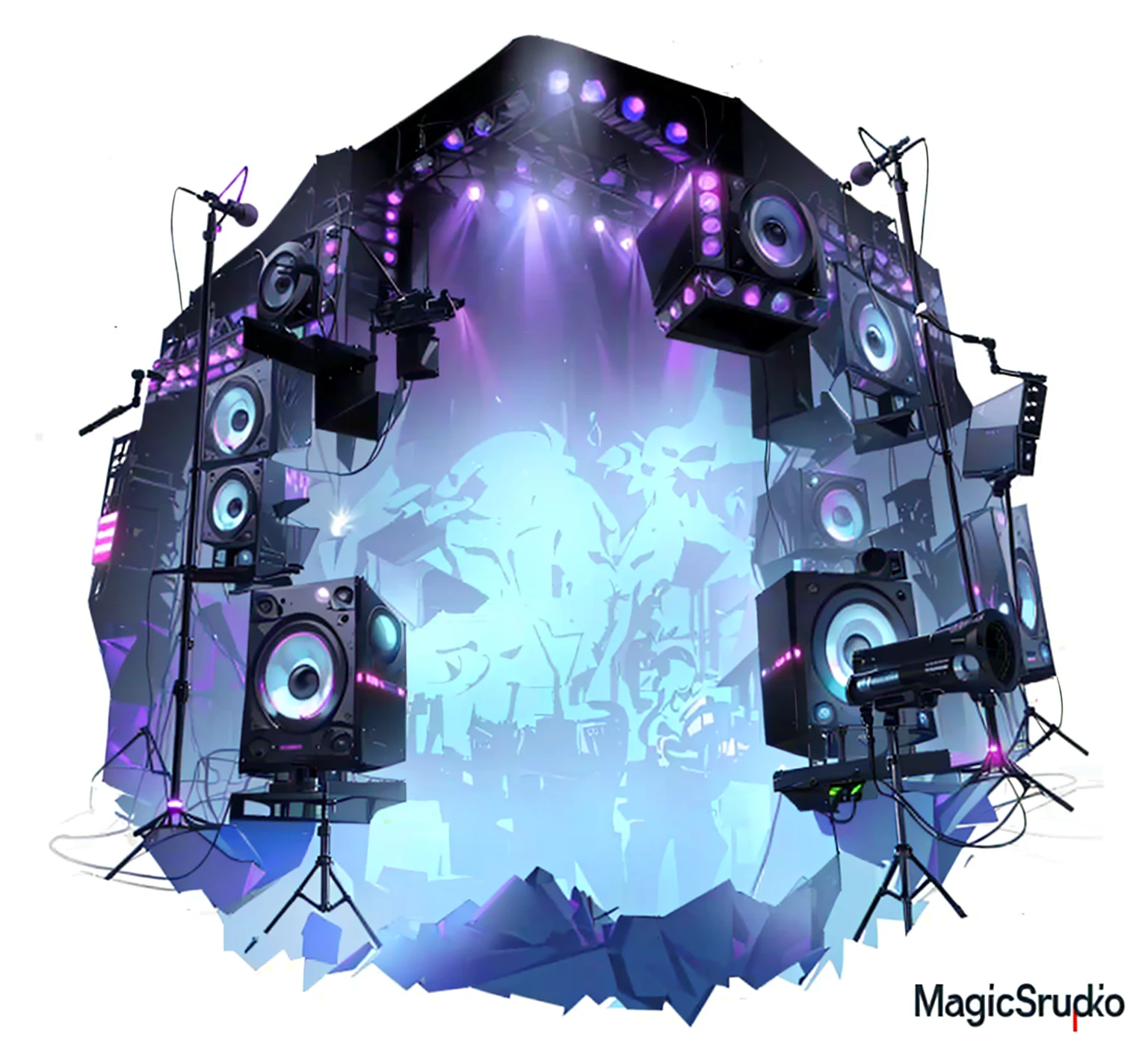 There are many speakers and microphones arranged in a circle,There is another lamp, elaborate stage effects, stage background, music show, Nightclub Background, stage at a club, dance music show, Magic music, dj rave , stage, dj set, dj, Virtual Scene, on rock concert stage, Technology , Airbrush Fantasy 80s, Wonderful technology , Carnival Background